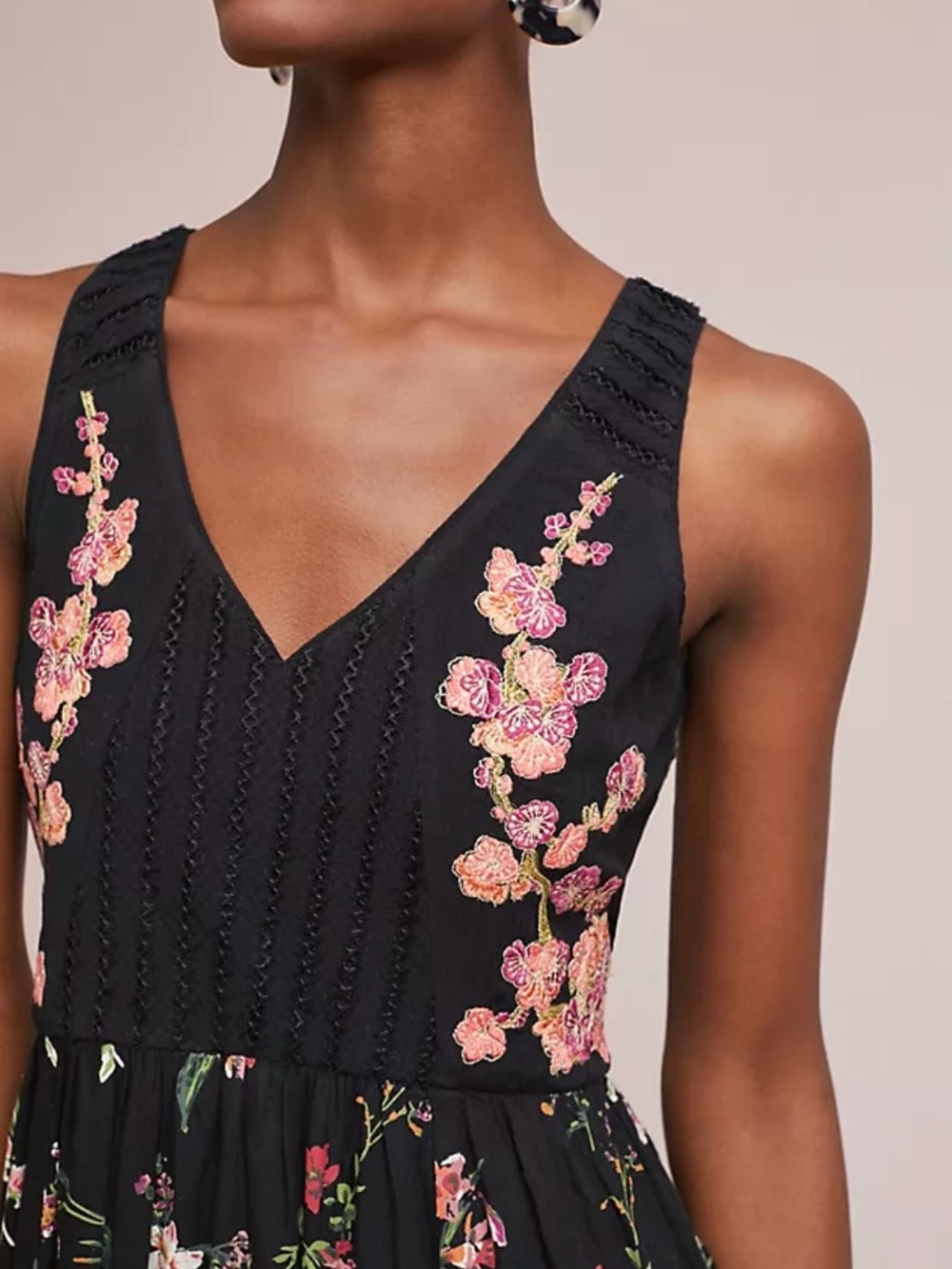 Maeve Black Floral Embroidered V-Neck Women's Dress